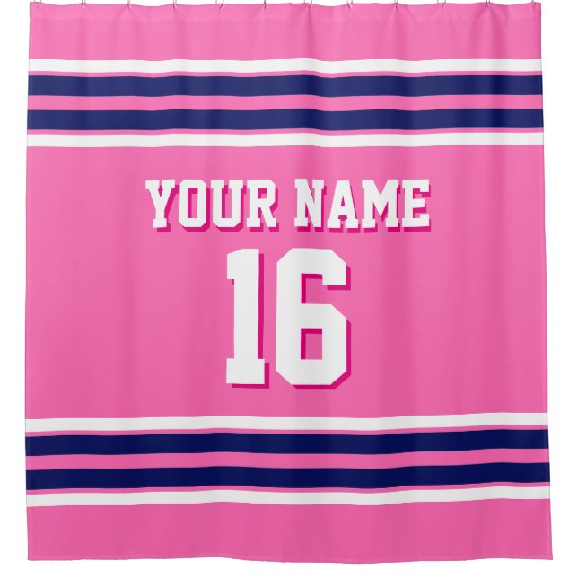 Hot Pink with Navy White Stripes Sports Jersey Shower Curtain (Front)