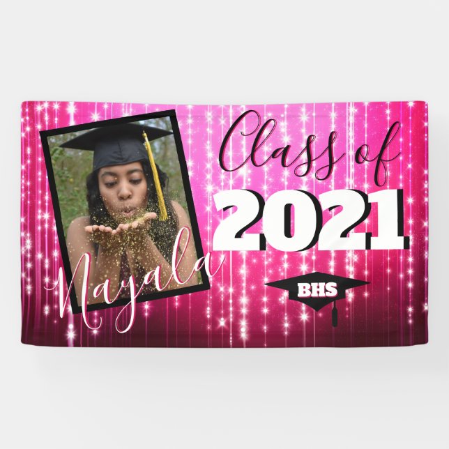 Hot Pink with Sparkles| Monogram Graduation Photo Banner (Horizontal)