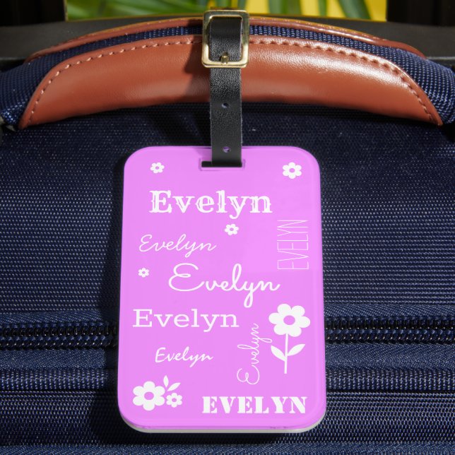 Hot Pink with White Flowers, Customised Luggage Tag (Front Insitu 2)