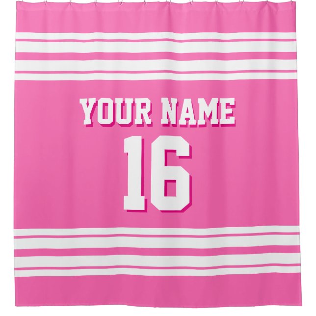 Hot Pink with White Stripes Sports Jersey Shower Curtain (Front)