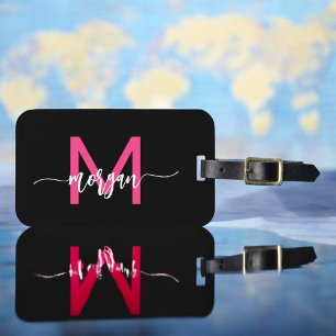 Hot Pink World Black Traveller Monogram Name Luggage Tag