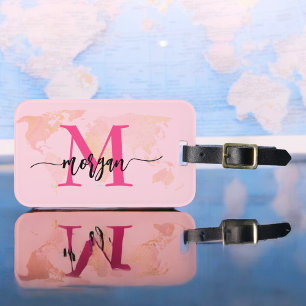 Hot Pink World Traveller Map Monogram Name Luggage Tag