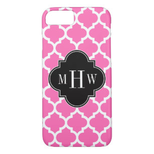 Hot Pink Wt Moroccan #5 Black 3 Initial Monogram iPhone 8/7 Case
