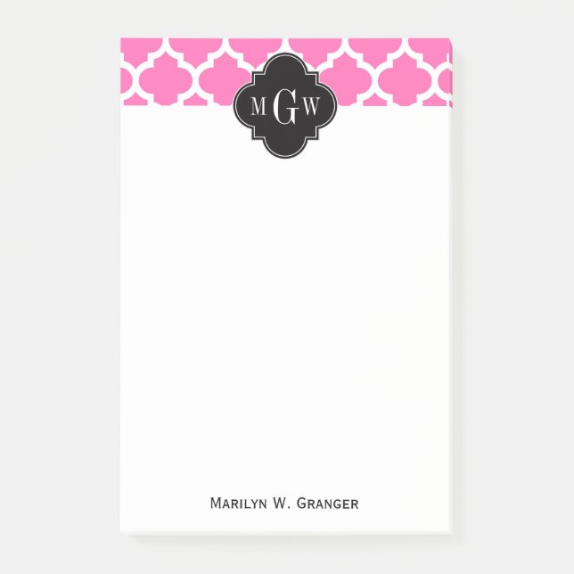 Hot Pink Wt Moroccan #5 Black 3 Initial Monogram Post-it Notes (Front)