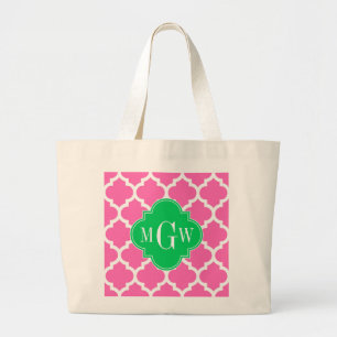 Hot Pink Wt Moroccan #5 Emerald 3 Initial Monogram Large Tote Bag