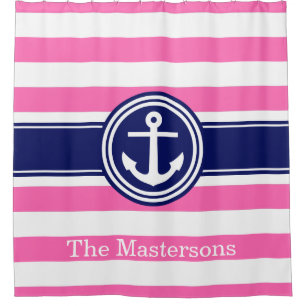 Hot Pink Wt Rugby Stripe Anchor Monogram Navy Blue Shower Curtain