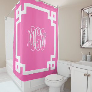 Hot Pink Wt Vine Monogram DIY BG & Greek Key Frame Shower Curtain
