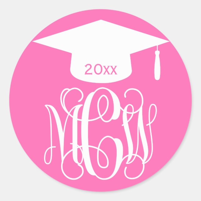 Hot Pink Wt Vine Script Monogram Graduation DIY BG Classic Round Sticker (Front)