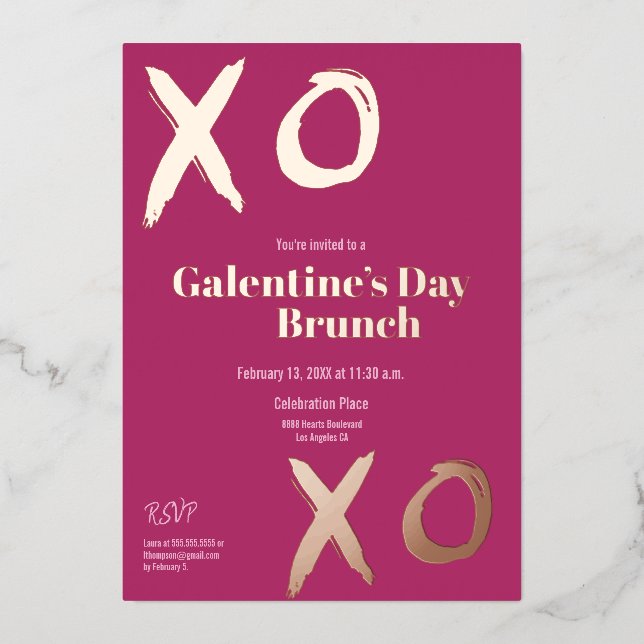Hot Pink XOXO Gold Galentine's day Brunch Foil Holiday Card (Front)