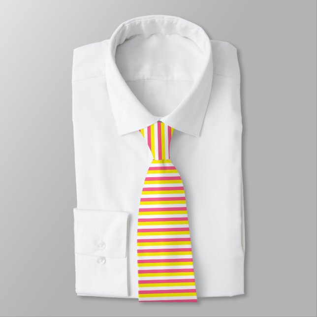 Hot Pink, Yellow and White Stripes Tie (Tied)