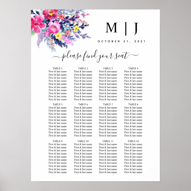 Hot Pink Yellow Floral Wedding Seating Chart (Front)