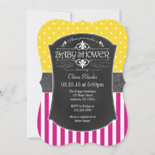 Hot Pink Yellow Grey Chalkboard Stripe Baby Shower Invitation