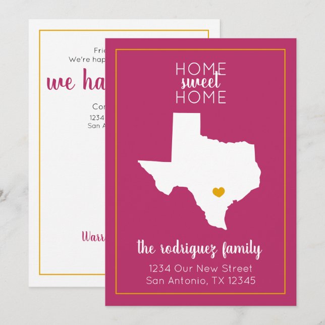 Hot Pink & Yellow Home Sweet Home - Texas Moving Announcement (Front/Back)