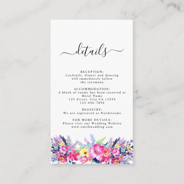 Hot Pink & Yellow Spring Floral Wedding Enclosure Card (Front)