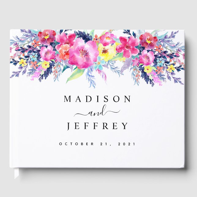 Hot Pink & Yellow Spring Floral Wedding Guest Book (Front)