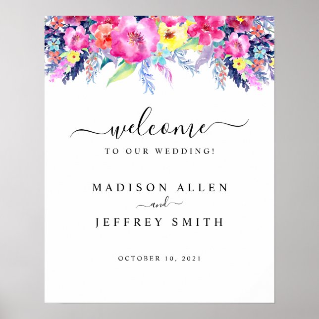 Hot Pink Yellow Spring Floral Wedding Welcome Sign (Front)