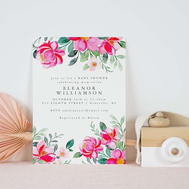 Hot Pink Yellow Watercolor Floral Baby Shower Invitation (Creator Uploaded)