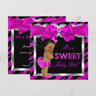 Hot Pink Zebra Baby Shower Girl African American Invitation