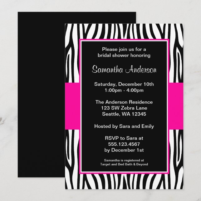 Hot Pink Zebra Bridal Shower Invitation (Front/Back)