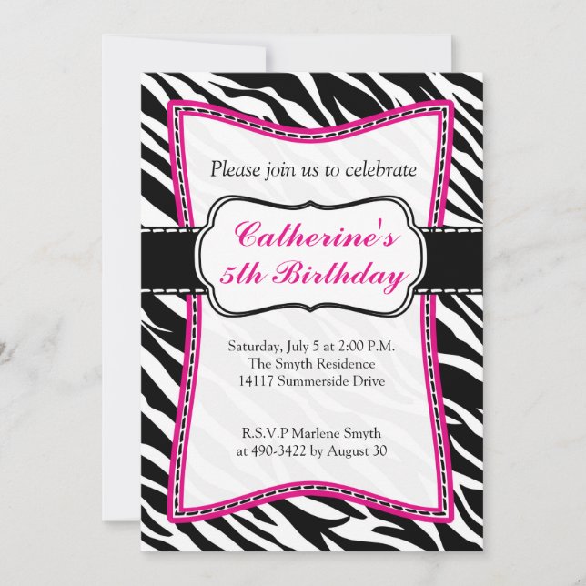 Hot Pink Zebra Child's Birthday Invitation. Invitation (Front)