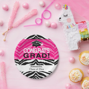 Hot Pink Zebra Congrats Girl's Graduation Party Paper Plate