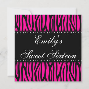 Hot Pink Zebra Diamonds Sweet 16 Birthday Invitation