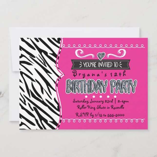 Hot Pink & Zebra Girls Birthday Party Invitations (Front)
