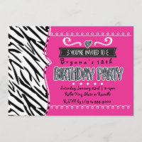 Hot Pink & Zebra Girls Birthday Party Invitations