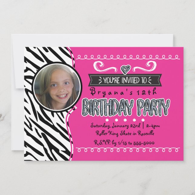 Hot Pink & Zebra Girls Birthday Photo Invitations (Front)