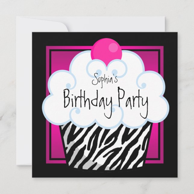 Hot Pink Zebra Girls Cupcake Birthday Party Invitation (Front)