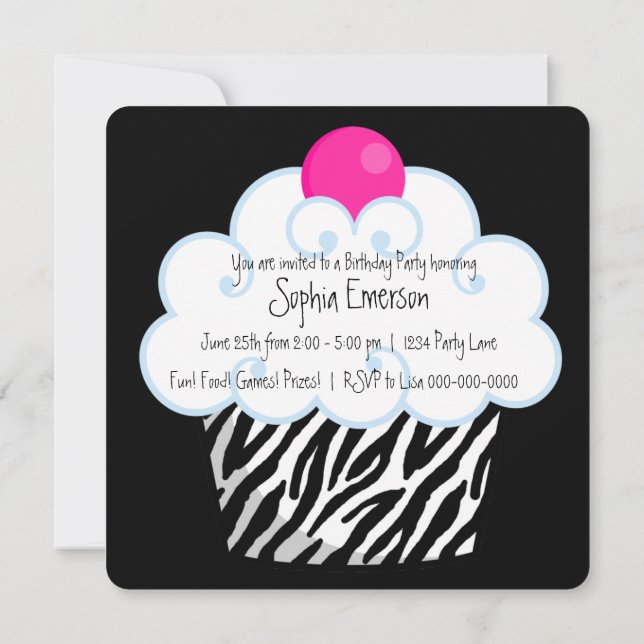 Hot Pink Zebra Girls Cupcake Birthday Party Invitation (Back)