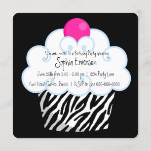 Hot Pink Zebra Girls Cupcake Birthday Party Invitation