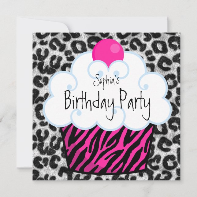 Hot Pink Zebra Girls Cupcake Birthday Party Invitation (Front)