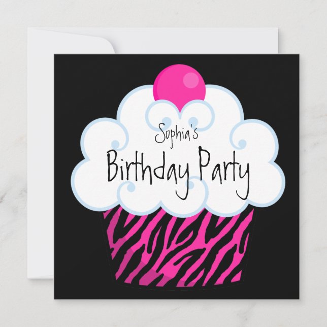 Hot Pink Zebra Girls Cupcake Birthday Party Invitation (Front)