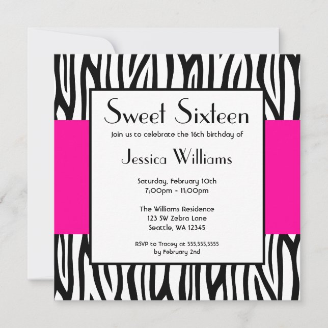 Hot Pink Zebra Modern Sweet 16 Invitation (Front)