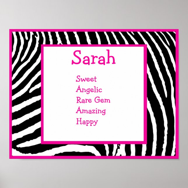 Hot Pink Zebra Name Art Print (Front)