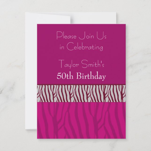 Hot Pink  Zebra Pattern  Birthday Invitation (Front)