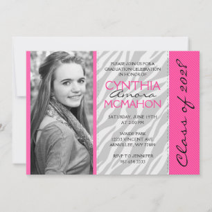 Hot Pink & Zebra Photo Graduation Invitation
