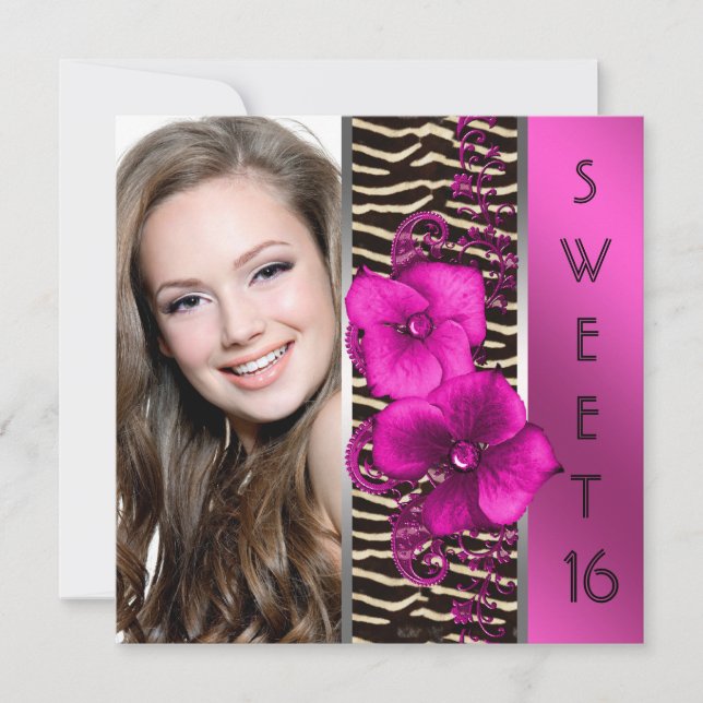 Hot Pink Zebra Photo Sweet 16 Birthday Party Invitation (Front)