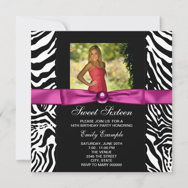 Hot Pink Zebra Photo Sweet 16 Party Invitation (Front)