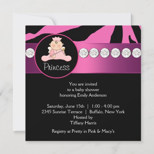 Hot Pink Zebra Princess Girl Baby Shower Invitation (Front)