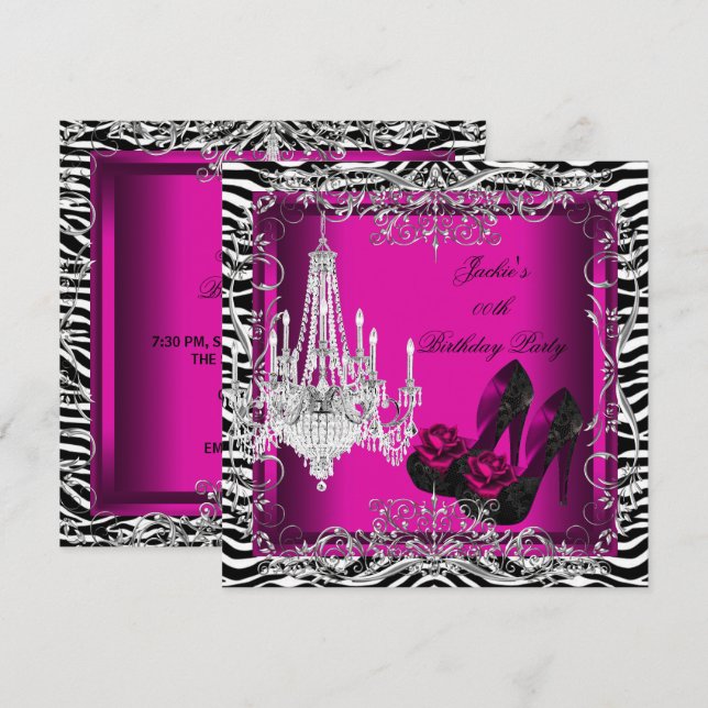 Hot Pink Zebra Print Party Birthday Shoes Invitation (Front/Back)