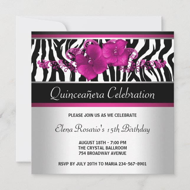 Hot Pink Zebra Quinceanera Invitations (Front)