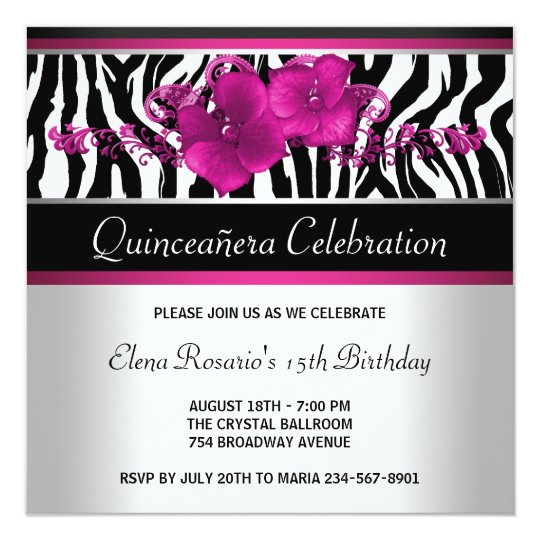 Hot Pink Zebra Quinceanera Invitations