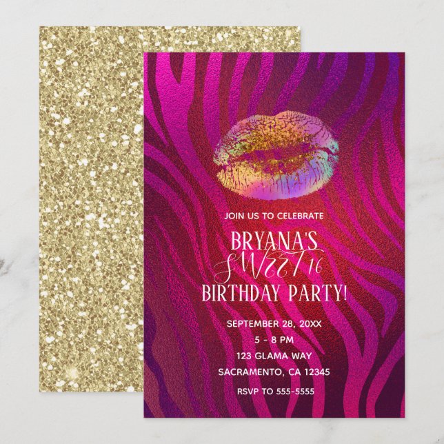 Hot Pink Zebra Rainbow Gold Glitter Lips Party Invitation (Front/Back)
