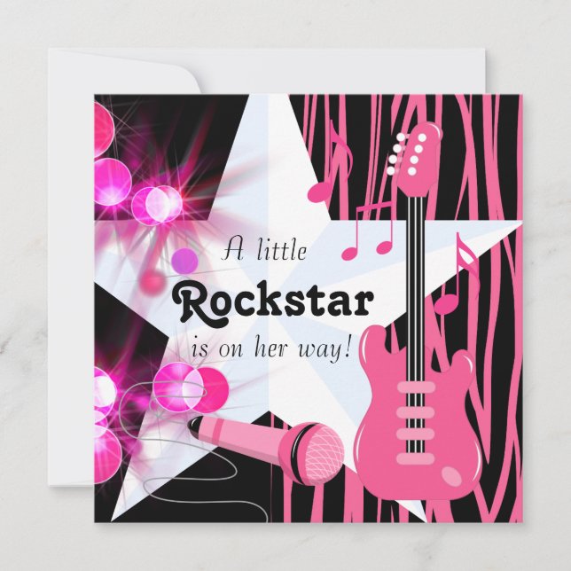 Hot Pink Zebra Rockstar Baby Girl Shower Invitation (Front)