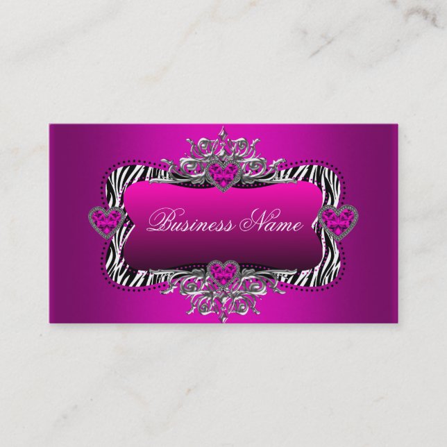 Hot Pink Zebra Silver Diamond Hearts Elegant Business Card (Front)