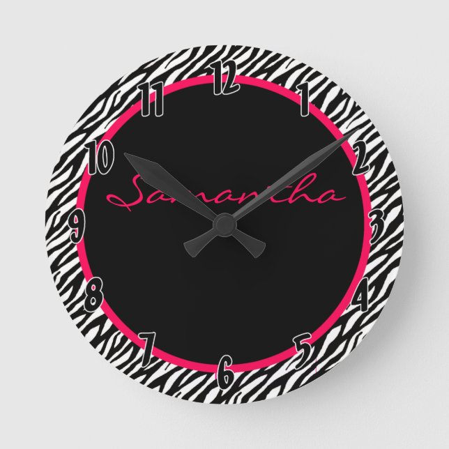 Hot Pink Zebra Stripe Pattern Personalised Clock (Front)