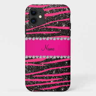 Hot pink zebra stripes black glitter pink stripe iPhone 11 case