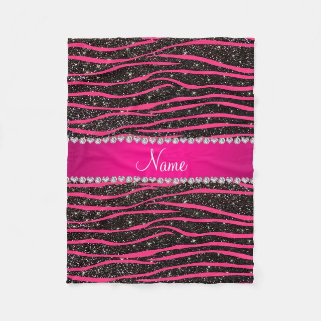 Hot pink zebra stripes black glitter pink stripe fleece blanket (Front)